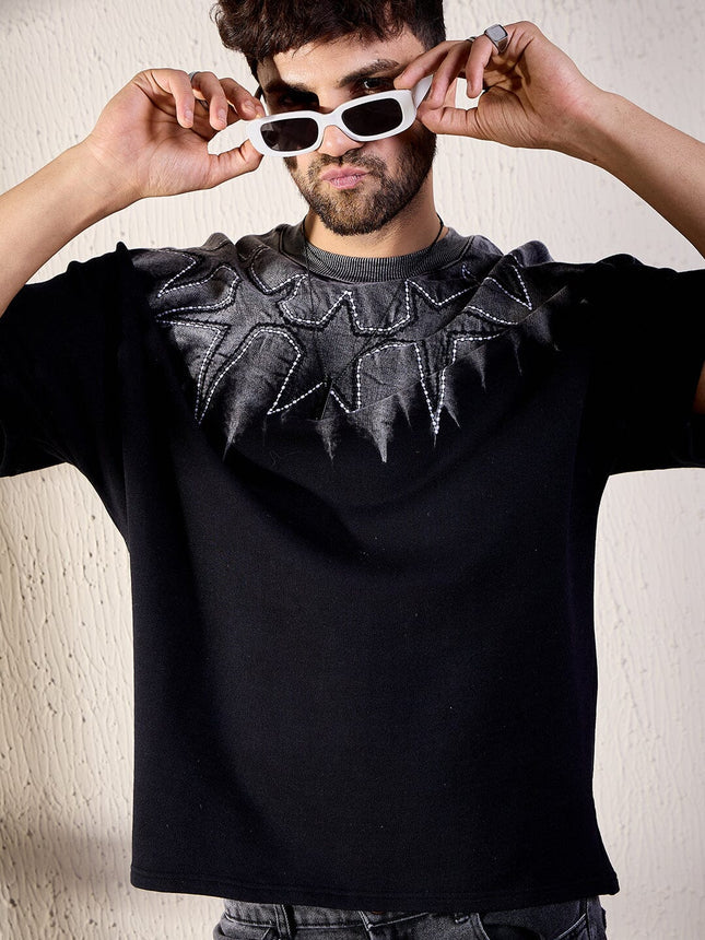 Black Oversized T Shirt Ombre Star Embroidery Mens Streetwear
