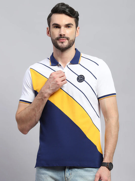 Classic White Half Sleeve T-Shirt for Men with Bold Blue Stripe Collar Perfect for Smart Everyday Wear