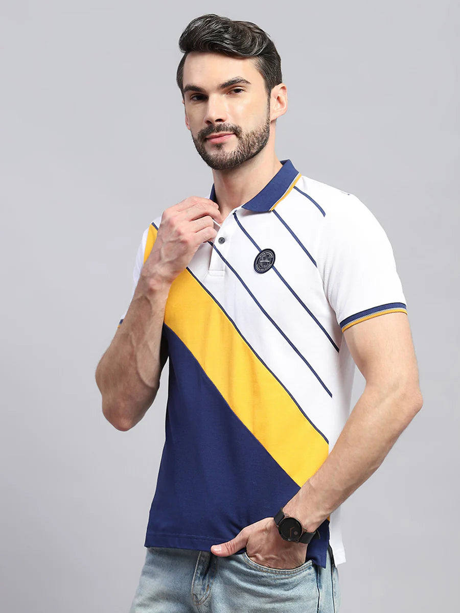 Classic White Half Sleeve T-Shirt for Men with Bold Blue Stripe Collar Perfect for Smart Everyday Wear