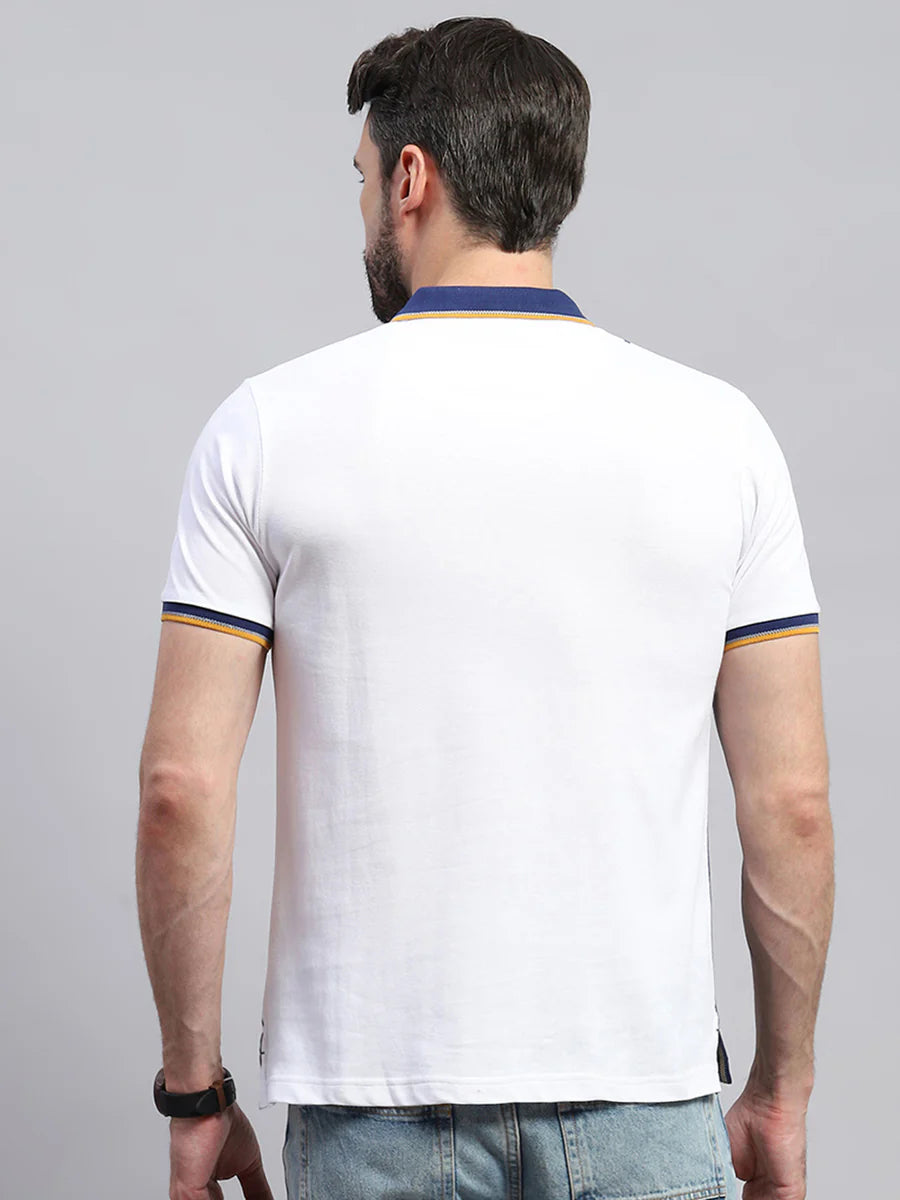 Classic White Half Sleeve T-Shirt for Men with Bold Blue Stripe Collar Perfect for Smart Everyday Wear