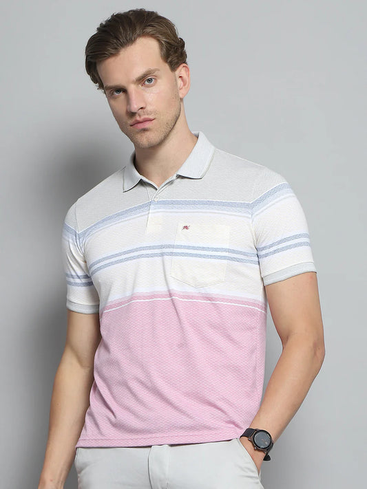 Soft Cotton Men’s Pink T-Shirt Featuring Stylish Stripe Collar and Relaxed Fit Half Sleeve Design
