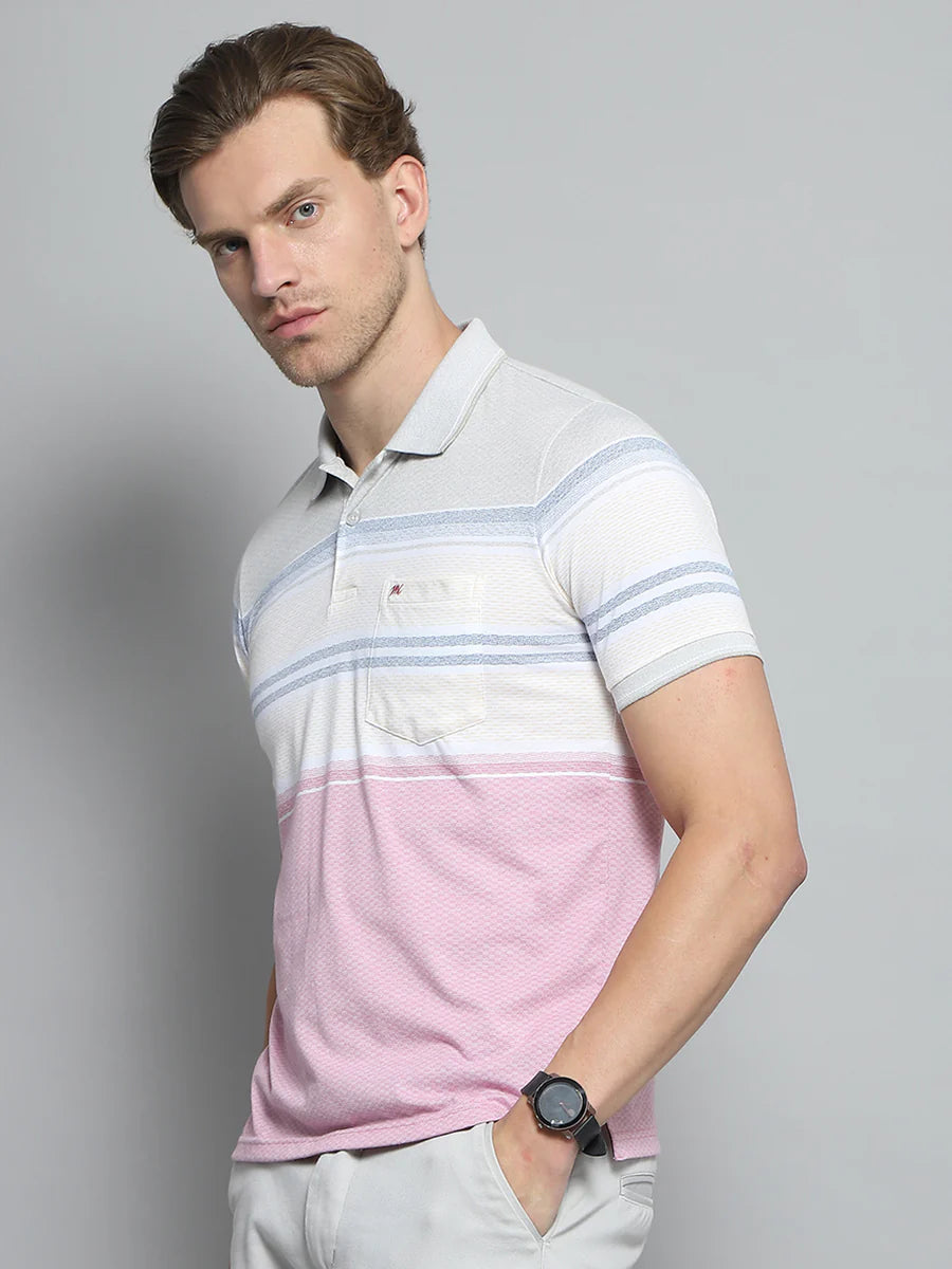 Soft Cotton Men’s Pink T-Shirt Featuring Stylish Stripe Collar and Relaxed Fit Half Sleeve Design