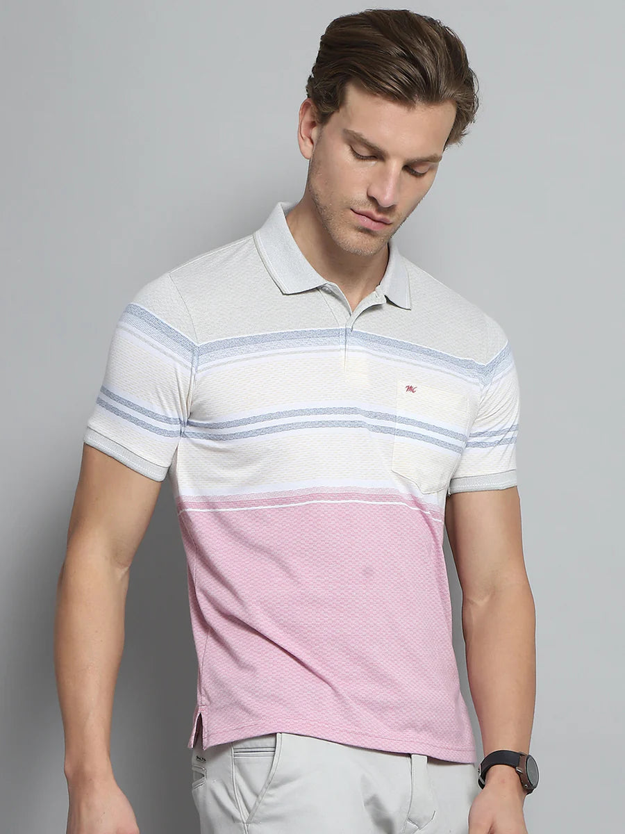 Soft Cotton Men’s Pink T-Shirt Featuring Stylish Stripe Collar and Relaxed Fit Half Sleeve Design