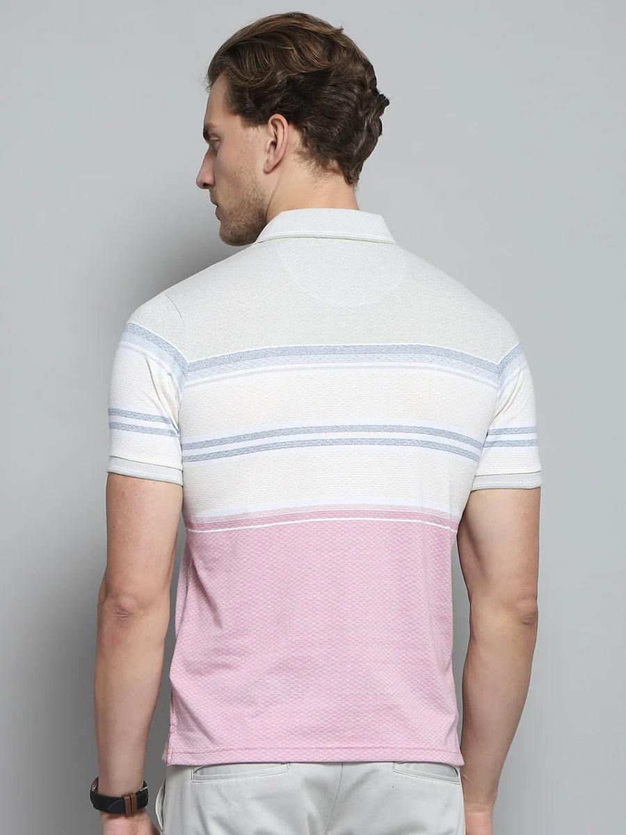 Soft Cotton Men’s Pink T-Shirt Featuring Stylish Stripe Collar and Relaxed Fit Half Sleeve Design