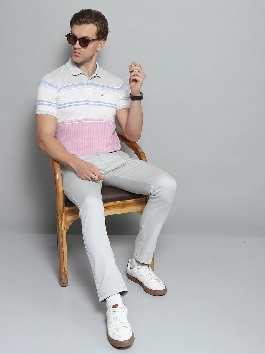 Soft Cotton Men’s Pink T-Shirt Featuring Stylish Stripe Collar and Relaxed Fit Half Sleeve Design