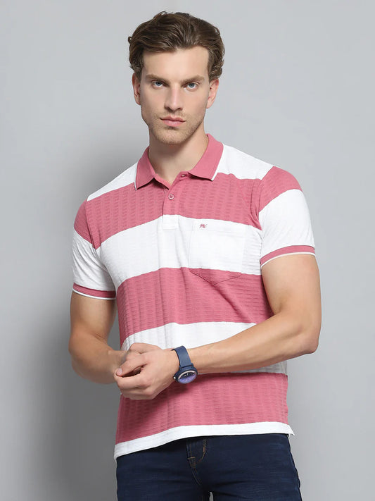 Pink Men’s Half Sleeve T-Shirt with Stripe Collar Perfect for Layering or Standalone Casual Outfits