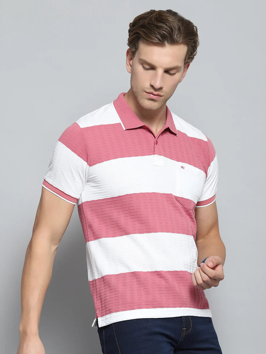 Pink Men’s Half Sleeve T-Shirt with Stripe Collar Perfect for Layering or Standalone Casual Outfits