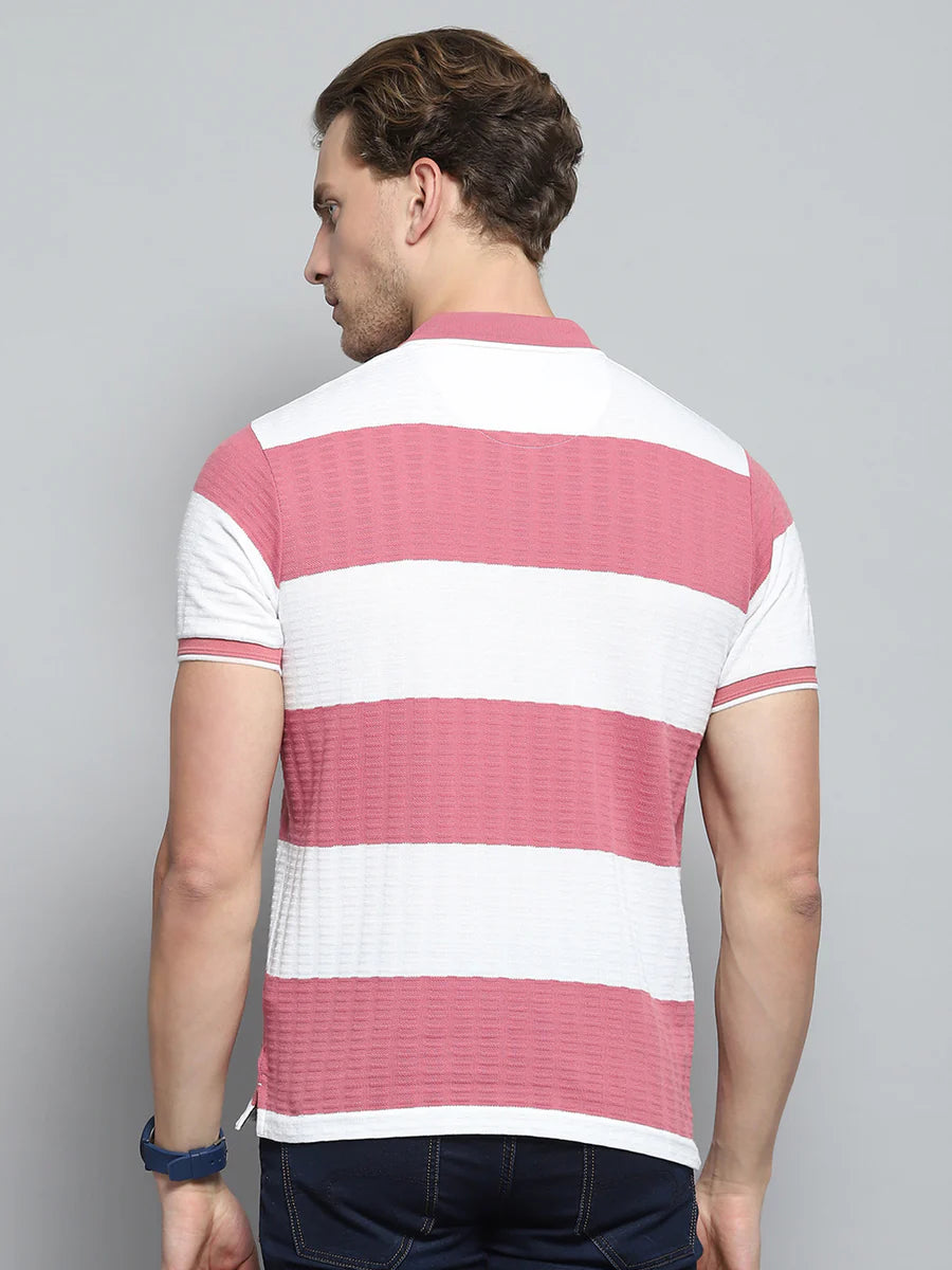 Pink Men’s Half Sleeve T-Shirt with Stripe Collar Perfect for Layering or Standalone Casual Outfits