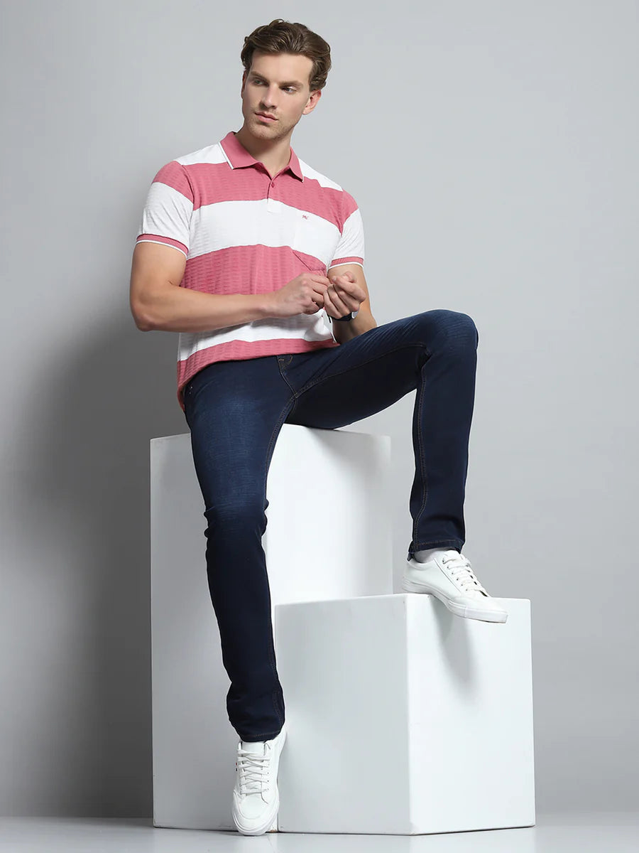 Pink Men’s Half Sleeve T-Shirt with Stripe Collar Perfect for Layering or Standalone Casual Outfits
