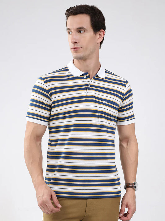 Versatile White Men’s T-Shirt with Blue Stripe Collar and Half Sleeve Design for Casual Style