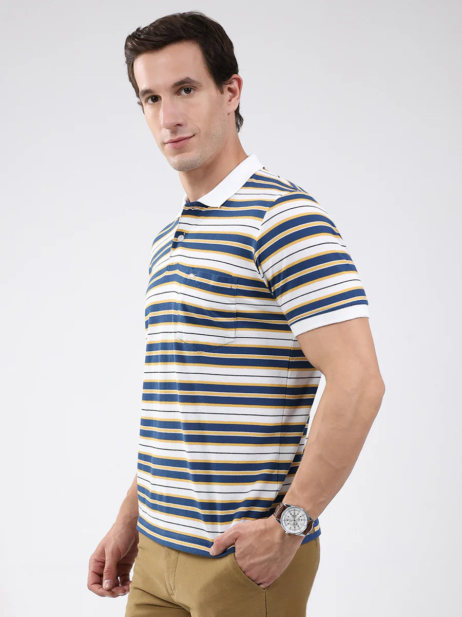Versatile White Men’s T-Shirt with Blue Stripe Collar and Half Sleeve Design for Casual Style