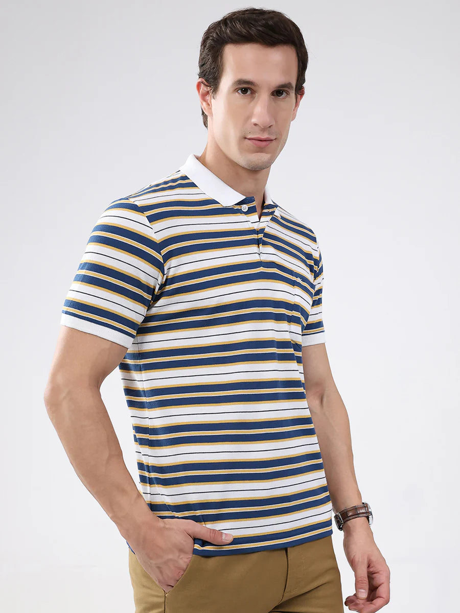 Versatile White Men’s T-Shirt with Blue Stripe Collar and Half Sleeve Design for Casual Style