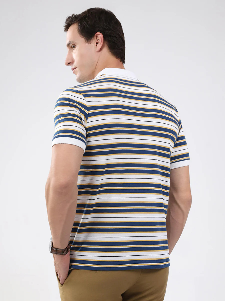 Versatile White Men’s T-Shirt with Blue Stripe Collar and Half Sleeve Design for Casual Style
