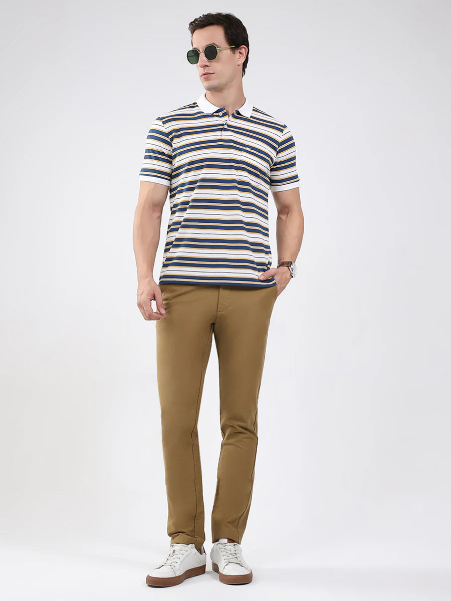Versatile White Men’s T-Shirt with Blue Stripe Collar and Half Sleeve Design for Casual Style