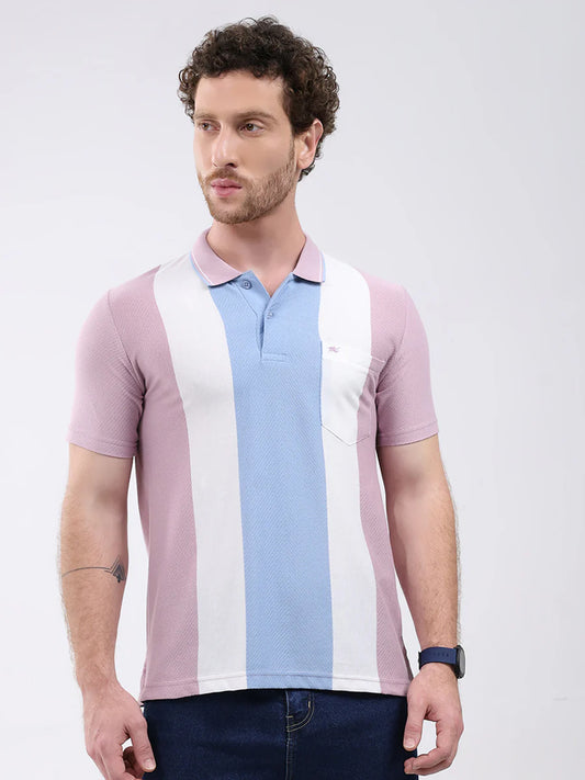 Pink Stripe Collar Mens Half Sleeve T Shirt Everyday Fashion