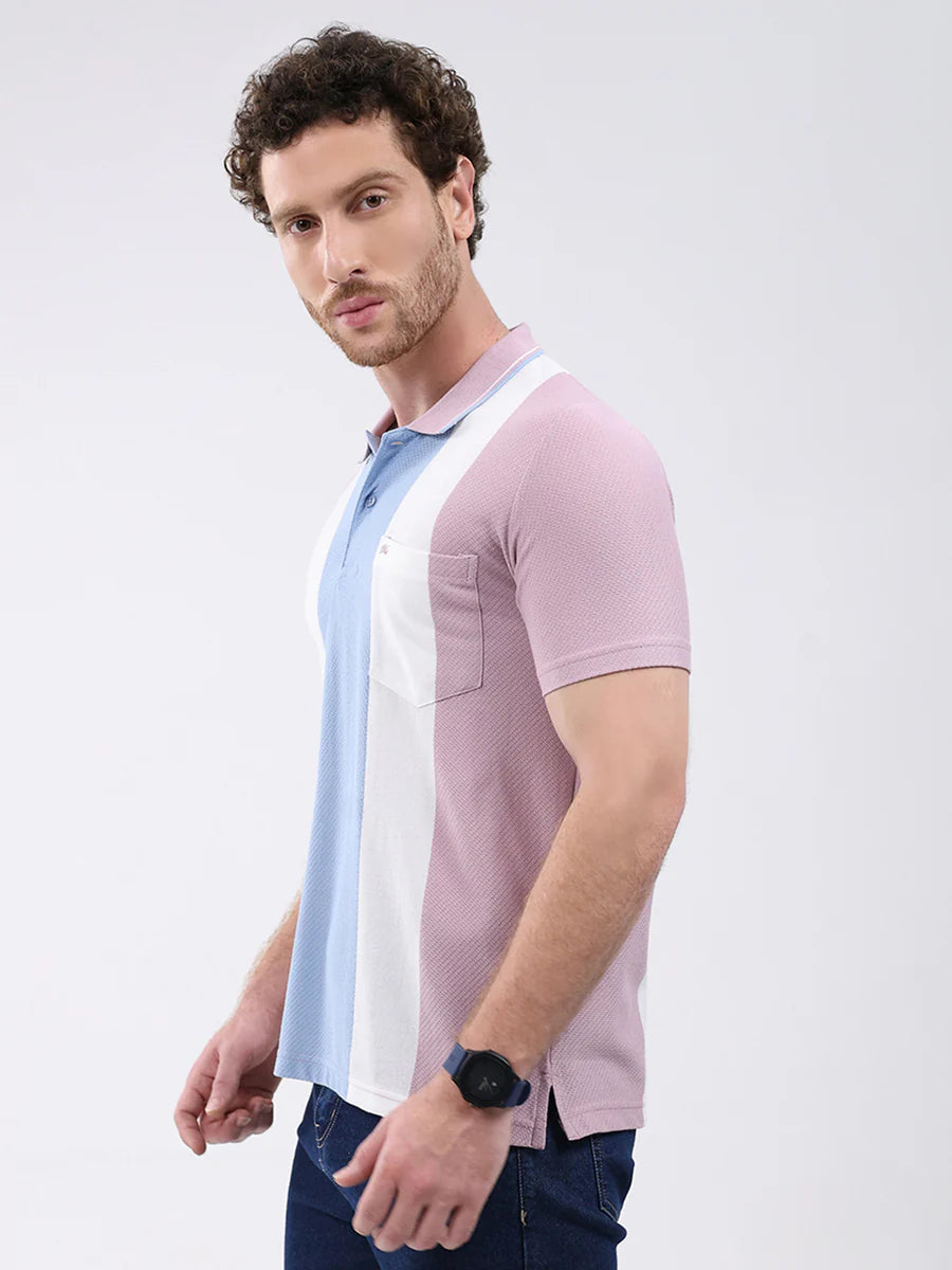 Pink Stripe Collar Mens Half Sleeve T Shirt Everyday Fashion