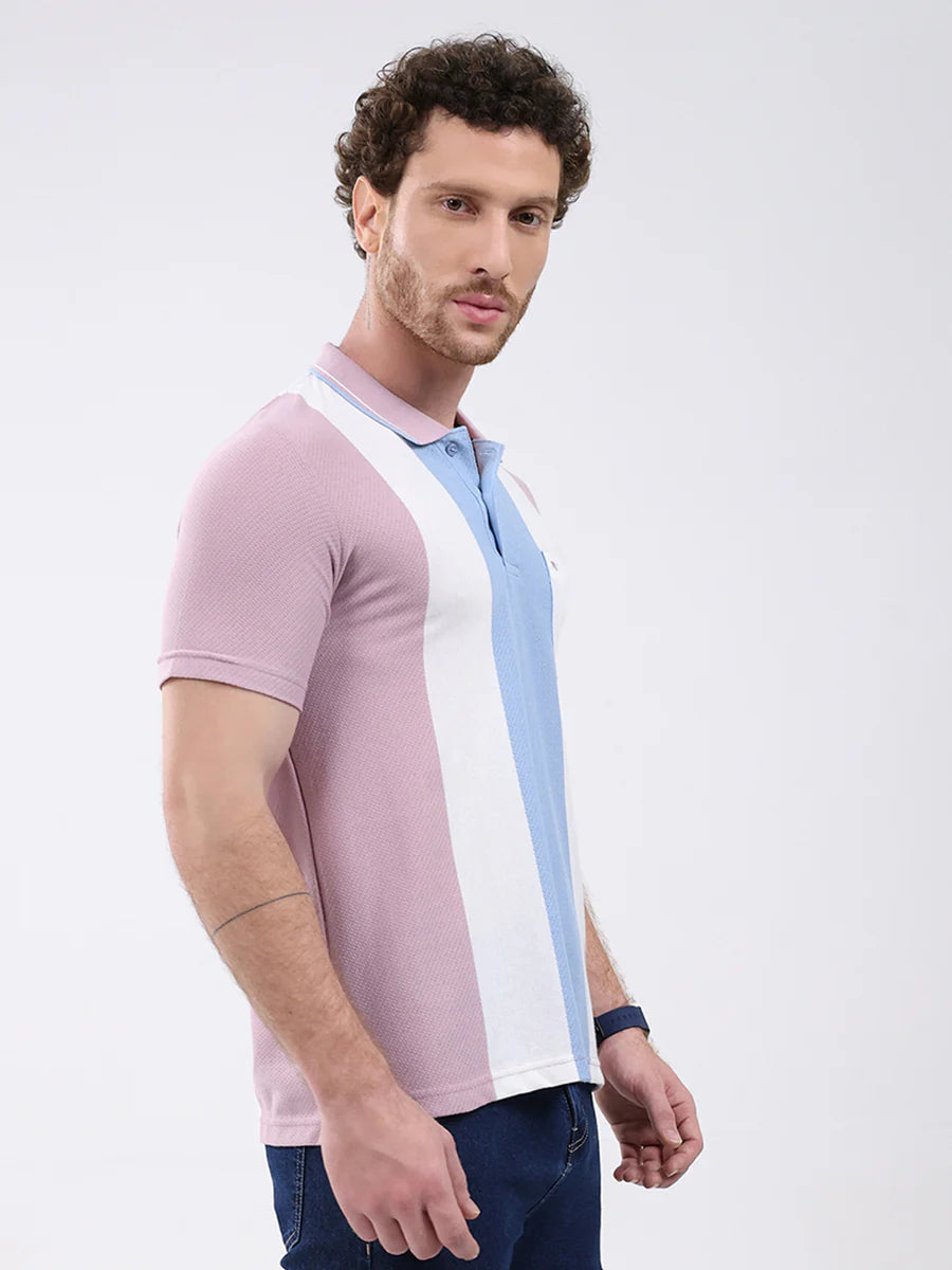 Pink Stripe Collar Mens Half Sleeve T Shirt Everyday Fashion