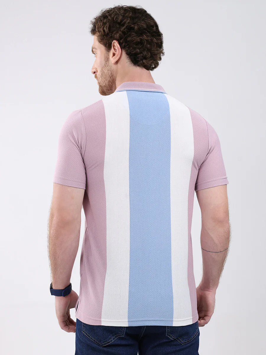 Pink Stripe Collar Mens Half Sleeve T Shirt Everyday Fashion