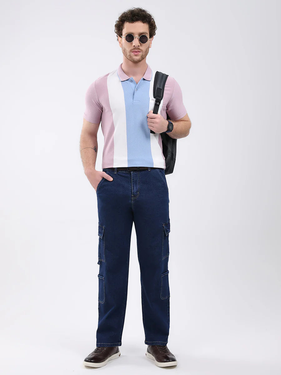 Pink Stripe Collar Mens Half Sleeve T Shirt Everyday Fashion