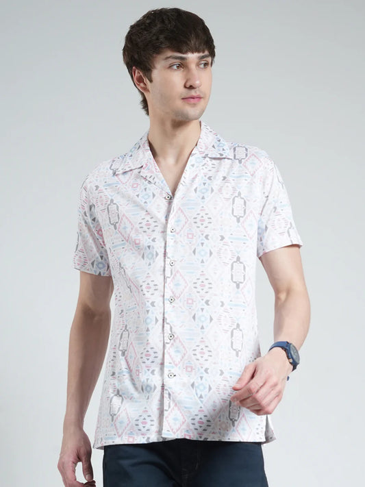 Classic White Half Sleeve Shirt for Men with Printed Collar and Timeless Style