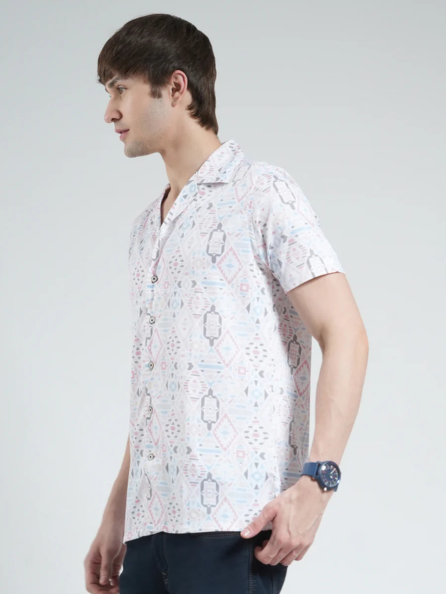 Classic White Half Sleeve Shirt for Men with Printed Collar and Timeless Style