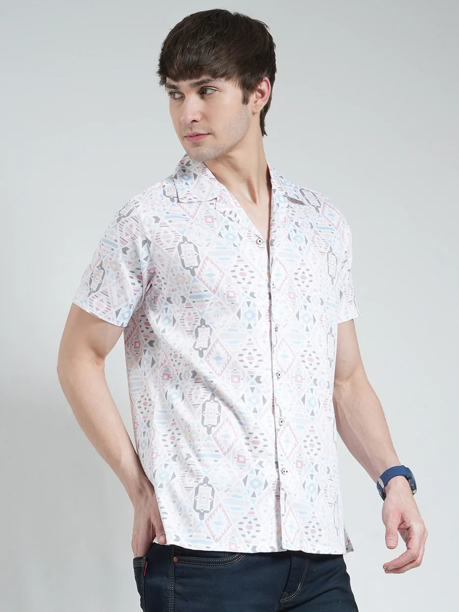 Classic White Half Sleeve Shirt for Men with Printed Collar and Timeless Style