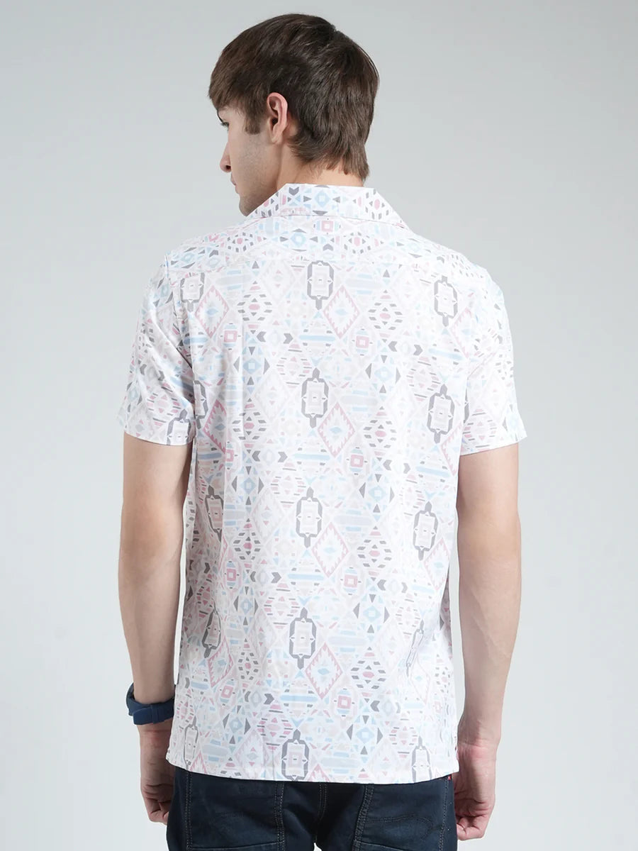 Classic White Half Sleeve Shirt for Men with Printed Collar and Timeless Style