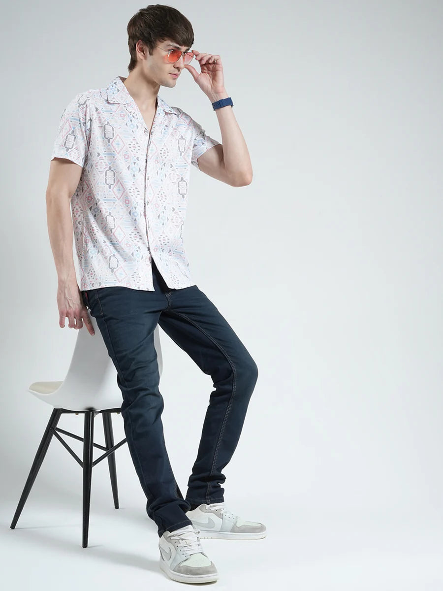 Classic White Half Sleeve Shirt for Men with Printed Collar and Timeless Style