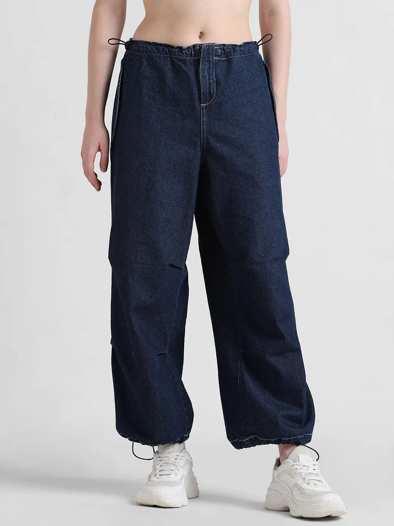 Dark Blue Parachute Denim Joggers High Rise Womens Soft and Comfortable Pants