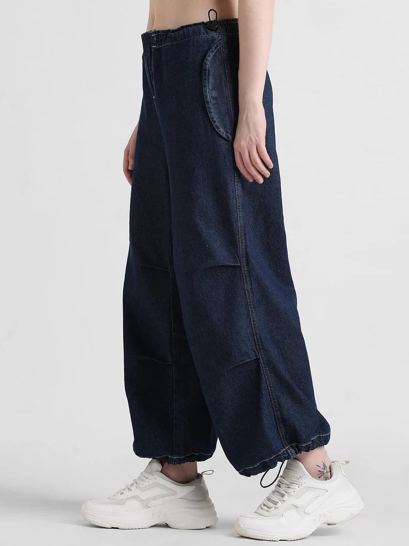 Dark Blue Parachute Denim Joggers High Rise Womens Soft and Comfortable Pants
