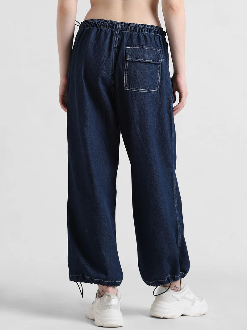 Dark Blue Parachute Denim Joggers High Rise Womens Soft and Comfortable Pants