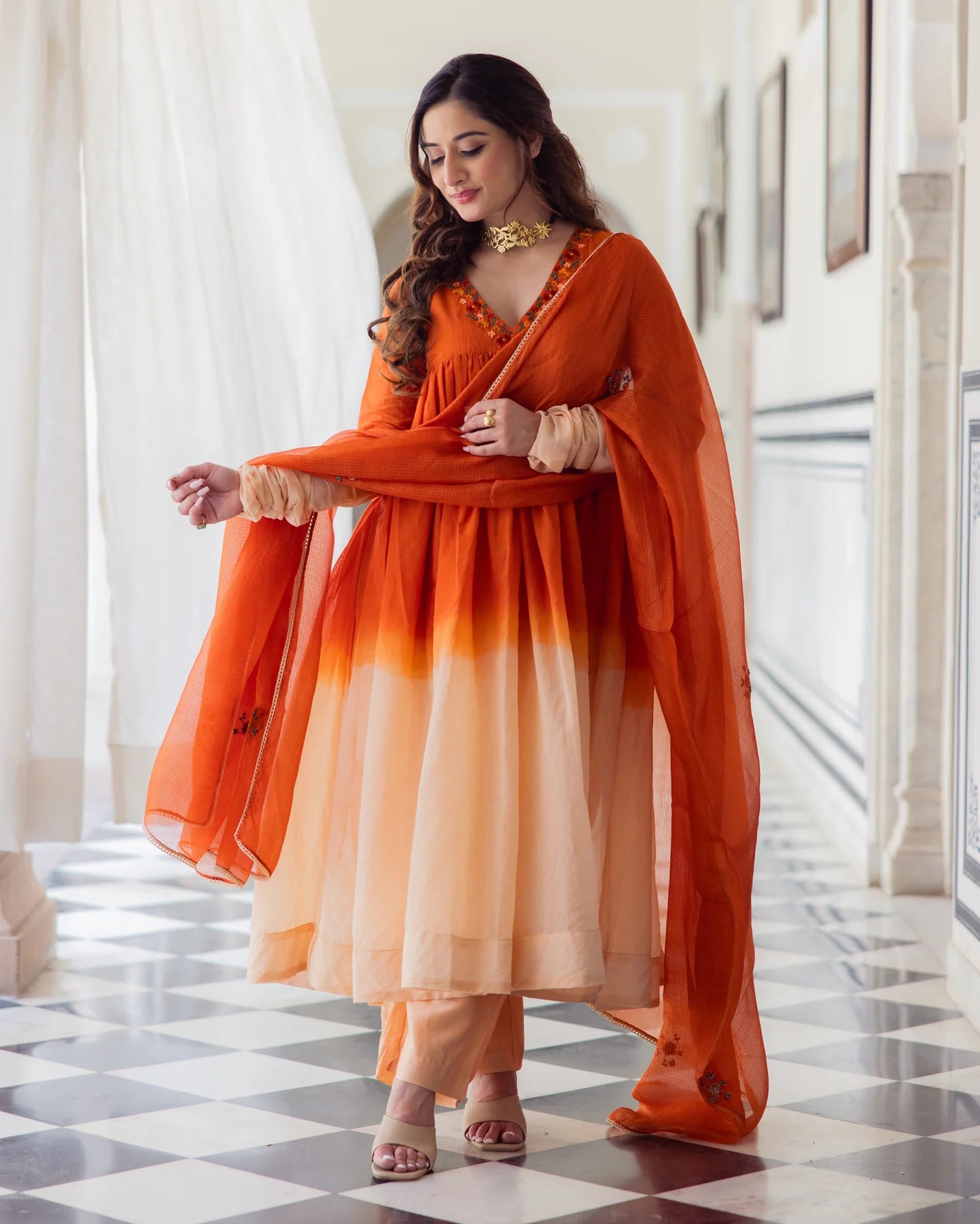 Women’s Drape Style Ombre Orange Chanderi Suit Set with Elegant Embroidered Finish