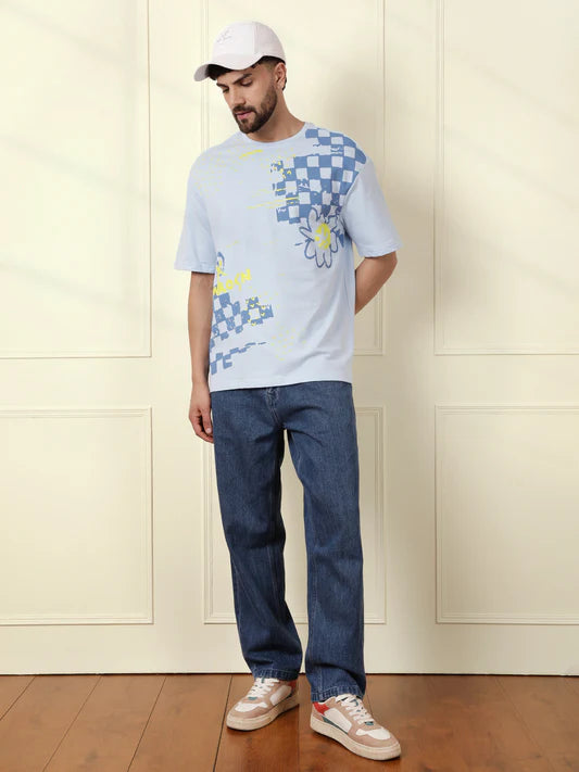 Placement Print Blue T Shirt Heavy GSM Mens Relaxed Fit