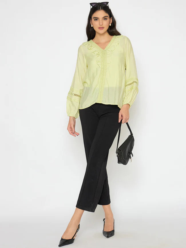 Trendy Casual Women’s Frill Neck Cool Matcha Viscose Blend Top Loose Fit Summer Top