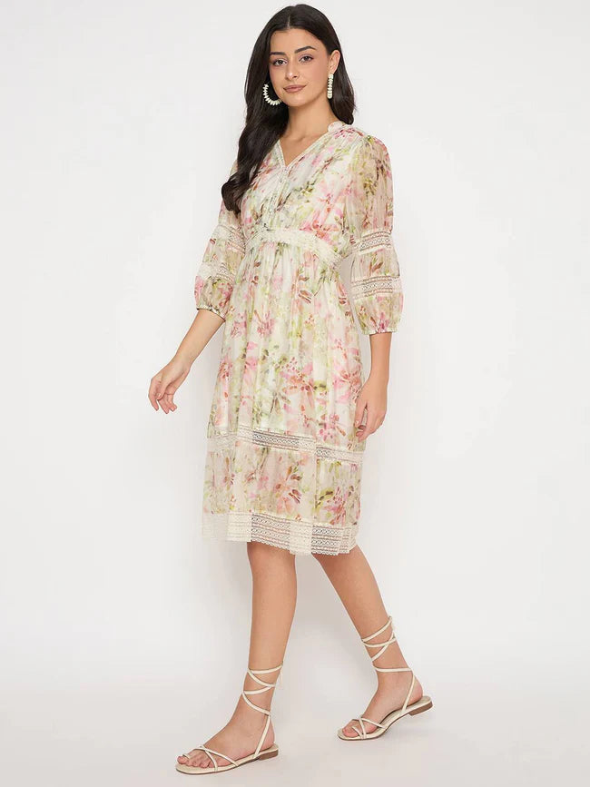 Trendy Women’s Off White Floral Print Laced Mini Dress Perfect for Casual and Formal Settings
