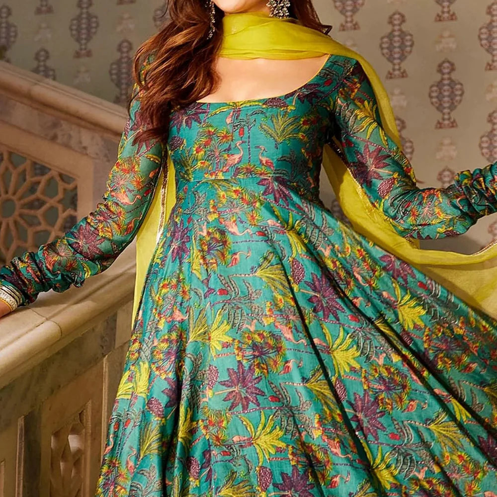 Rama Green Digital Printed Floral Anarkali Style Suit in Chanderi Fabric