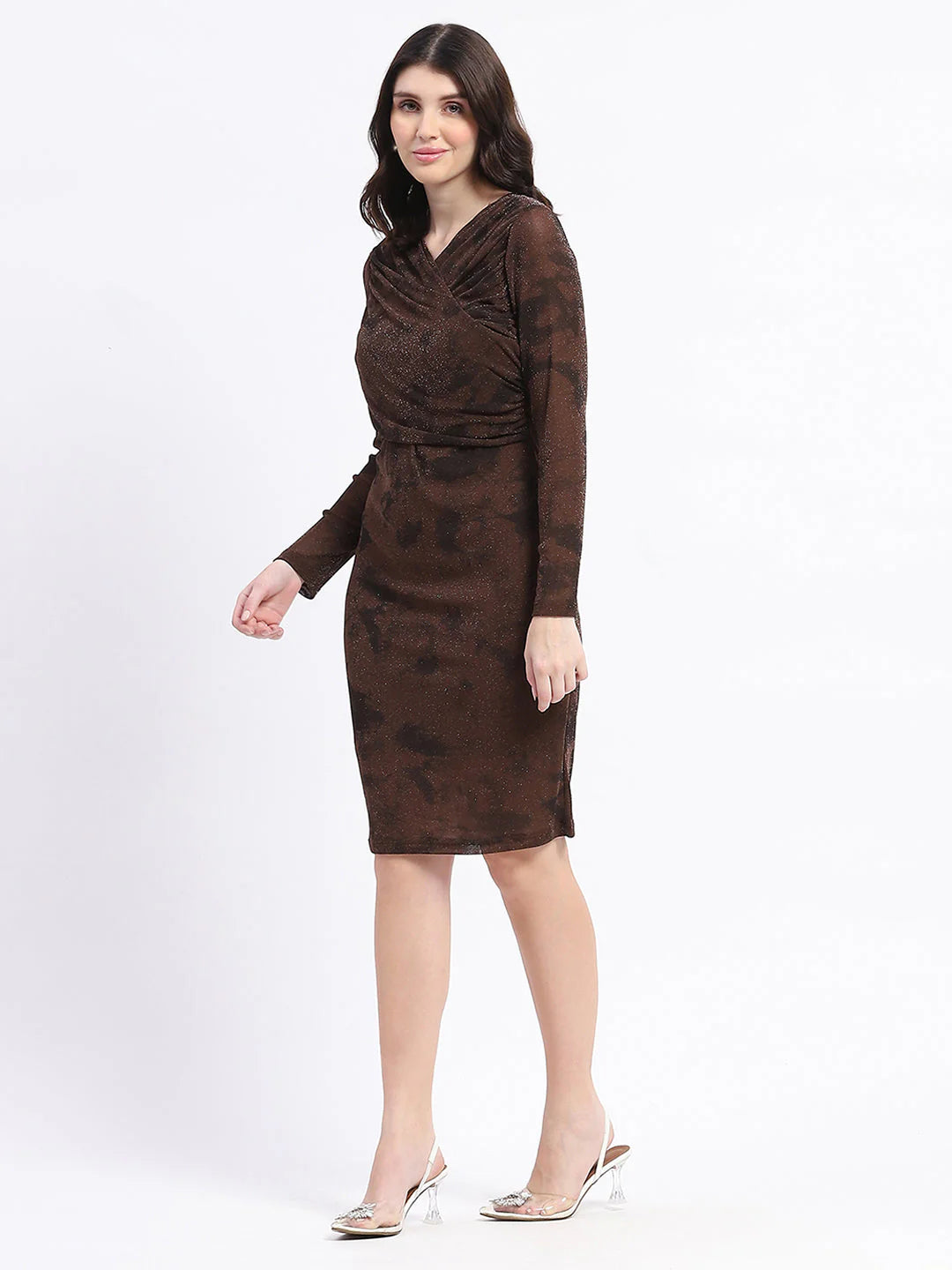 Fashionable Nylon Blend Front Overlapping Brown Mini Bodycon Mesh Dress Sleek Fit Perfect for Parties and Gatherings