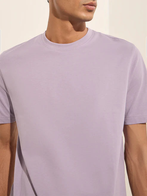 Elegant Lilac Cotton T-Shirt with Slim Fit Silhouette for Smart Casual Dressing