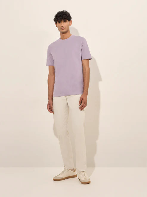 Elegant Lilac Cotton T-Shirt with Slim Fit Silhouette for Smart Casual Dressing