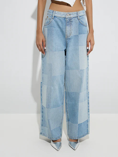 Stylish Light Blue Self Patterned High Rise Jeans Loose Fit Perfect for Streetwear