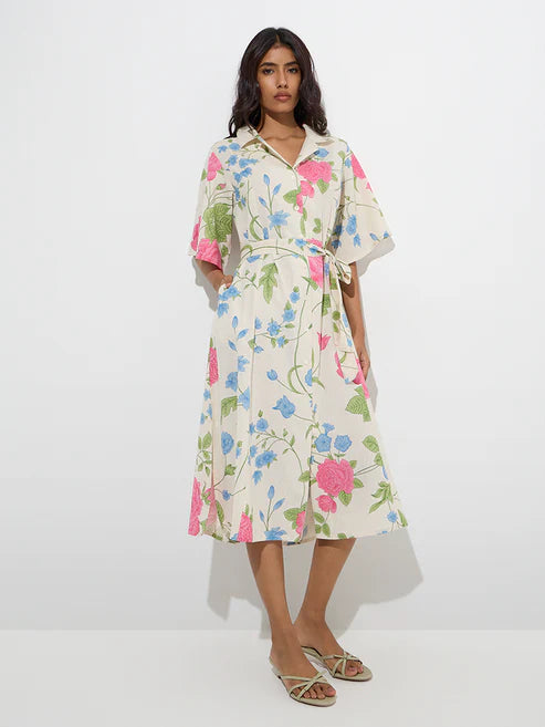 Trendy Off White Floral Detailed Cotton Blend Shirt Dress with Belt for Women Perfect for Office and Evening Outings
