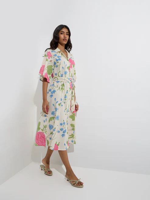 Trendy Off White Floral Detailed Cotton Blend Shirt Dress with Belt for Women Perfect for Office and Evening Outings