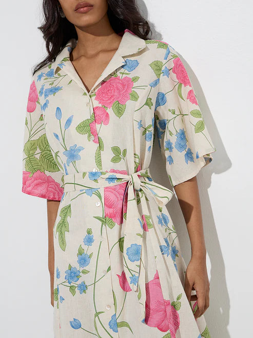 Trendy Off White Floral Detailed Cotton Blend Shirt Dress with Belt for Women Perfect for Office and Evening Outings
