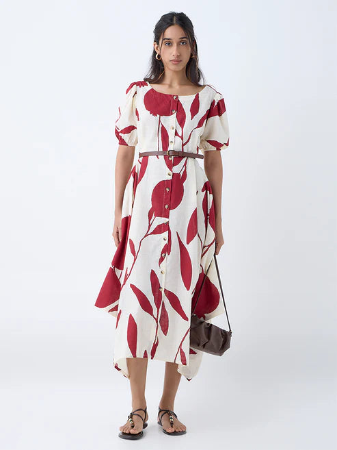 Stylish Red Anar Design Cotton Asymmetric Dress with Belt Perfect for Office, Parties, and Casual Wear