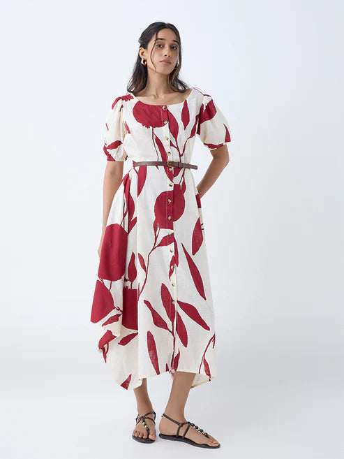 Stylish Red Anar Design Cotton Asymmetric Dress with Belt Perfect for Office, Parties, and Casual Wear