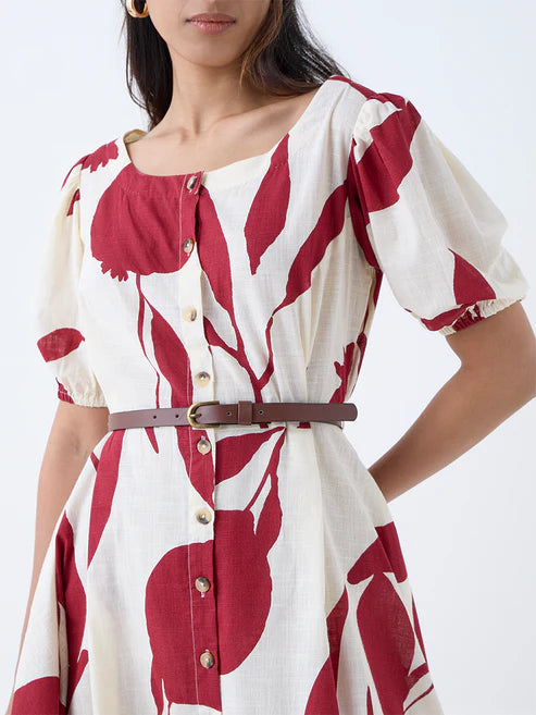 Stylish Red Anar Design Cotton Asymmetric Dress with Belt Perfect for Office, Parties, and Casual Wear