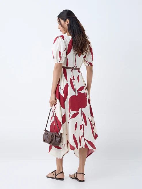 Stylish Red Anar Design Cotton Asymmetric Dress with Belt Perfect for Office, Parties, and Casual Wear