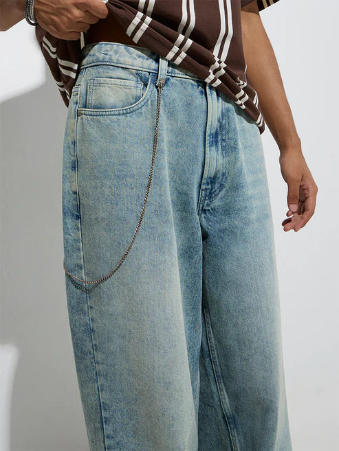 Modern Men’s Barrel-Fit Light Blue Washed Jeans Combining Durable Fabric and Comfortable Mid-Rise Fit