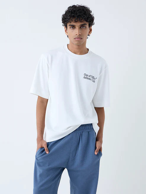 Durable White Printed Relaxed Fit Cotton Blend T Shirt with Soft Breathable Material