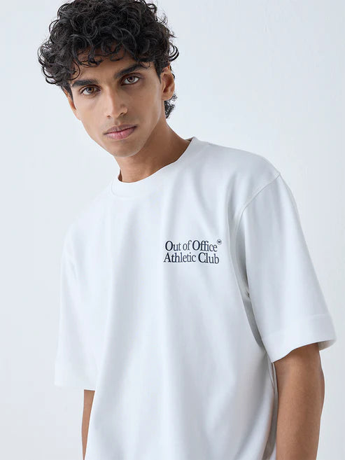 Durable White Printed Relaxed Fit Cotton Blend T Shirt with Soft Breathable Material